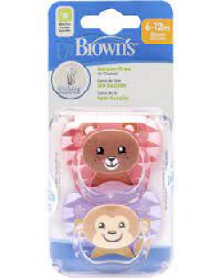 Dr. Brown's PreVent PRINTED SHIELD Pacifier - Stage 2 * 6-12M - Girl Animal Faces (Bear & Monkey), 2-Pack | PV22014-ES