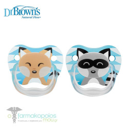 Dr. Brown's PreVent PRINTED SHIELD Pacifier - Stage 1 * 0-6M - Boy Animal Faces (Raccoon & Fox), 2-Pack | PV12015-ES